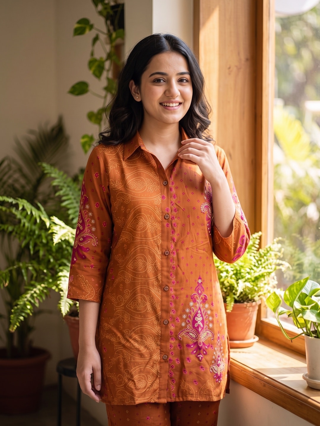 Peachmode Rust Pure Muslin Printed Co-ord Set with Paisley Handwork - Image 5