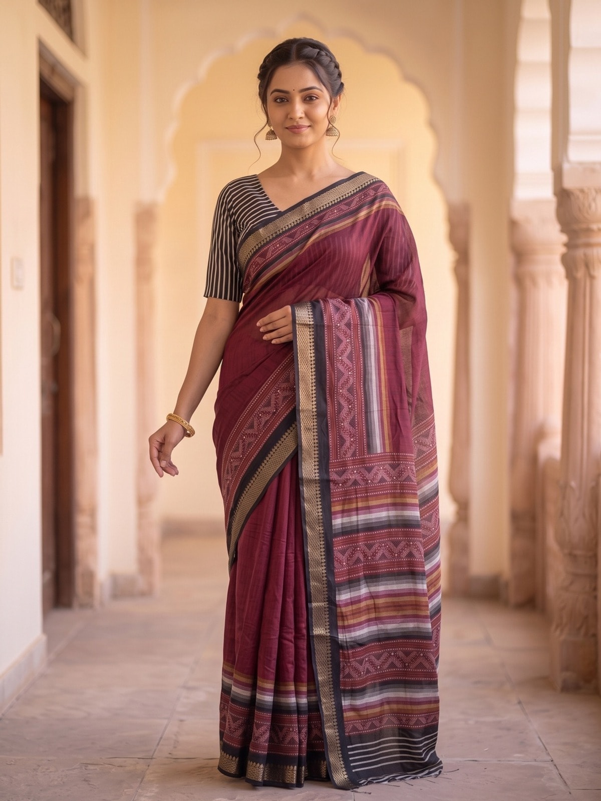 Peachmode Maroon Maheshwari Silk Saree With Zari Border And Striped Woven Pallu - Image 3