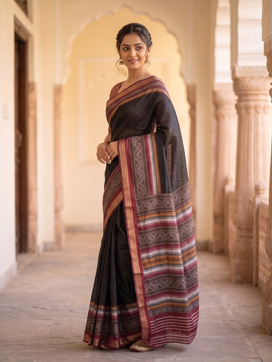 Peachmode Black Maheshwari Silk Saree With Zari Border And Striped Woven Pallu - Image 2