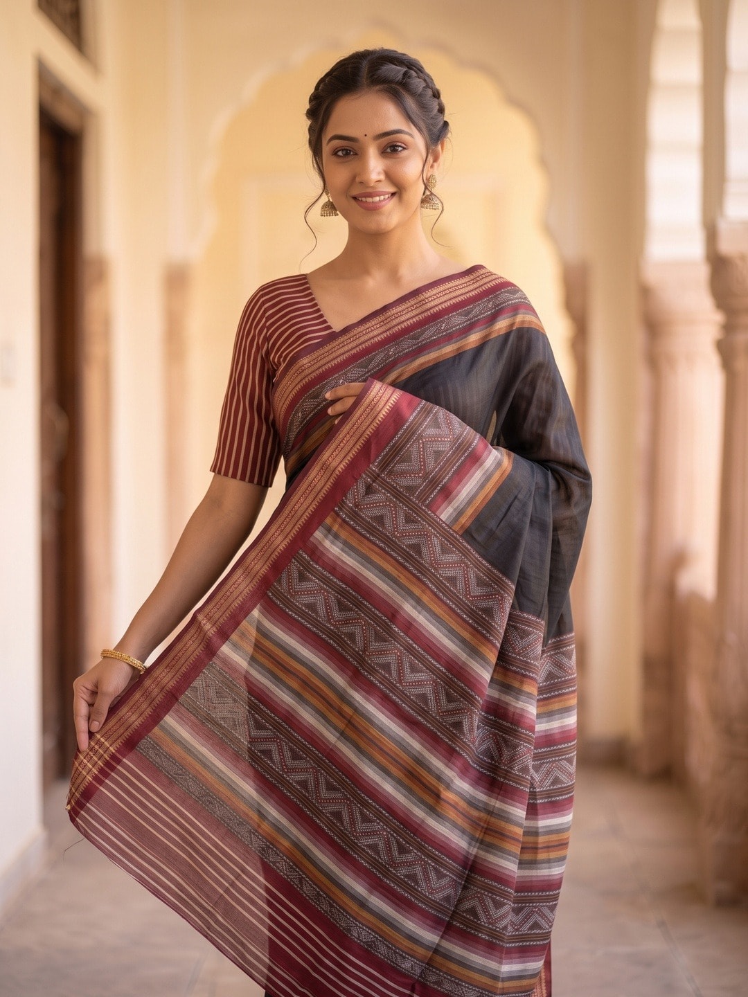 Peachmode Black Maheshwari Silk Saree With Zari Border And Striped Woven Pallu - Image 3