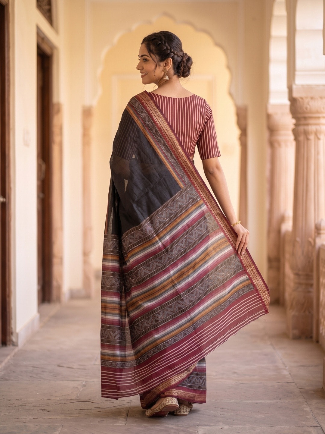 Peachmode Black Maheshwari Silk Saree With Zari Border And Striped Woven Pallu - Image 4