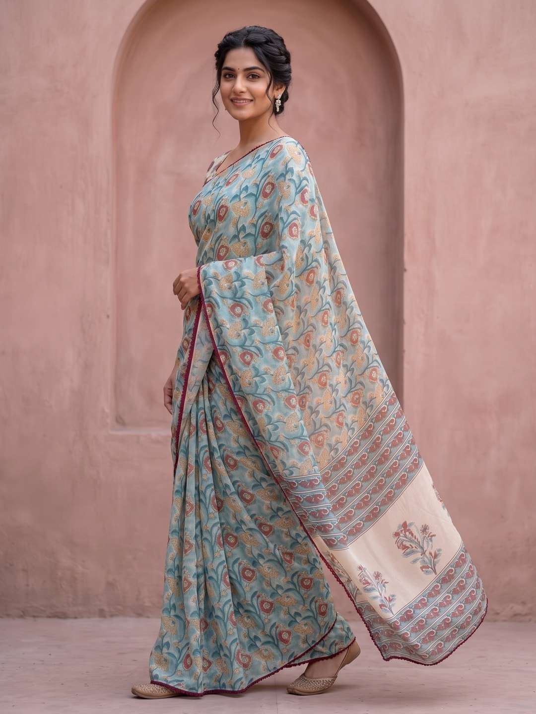Peachmode Sea Green Floral Printed Georgette Saree With Abla Mirror Work And Lace Border - Image 2