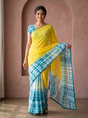 Peachmode Yellow Tie Dye Georgette Saree With Abla Mirror Work And Lace Border - Image 1
