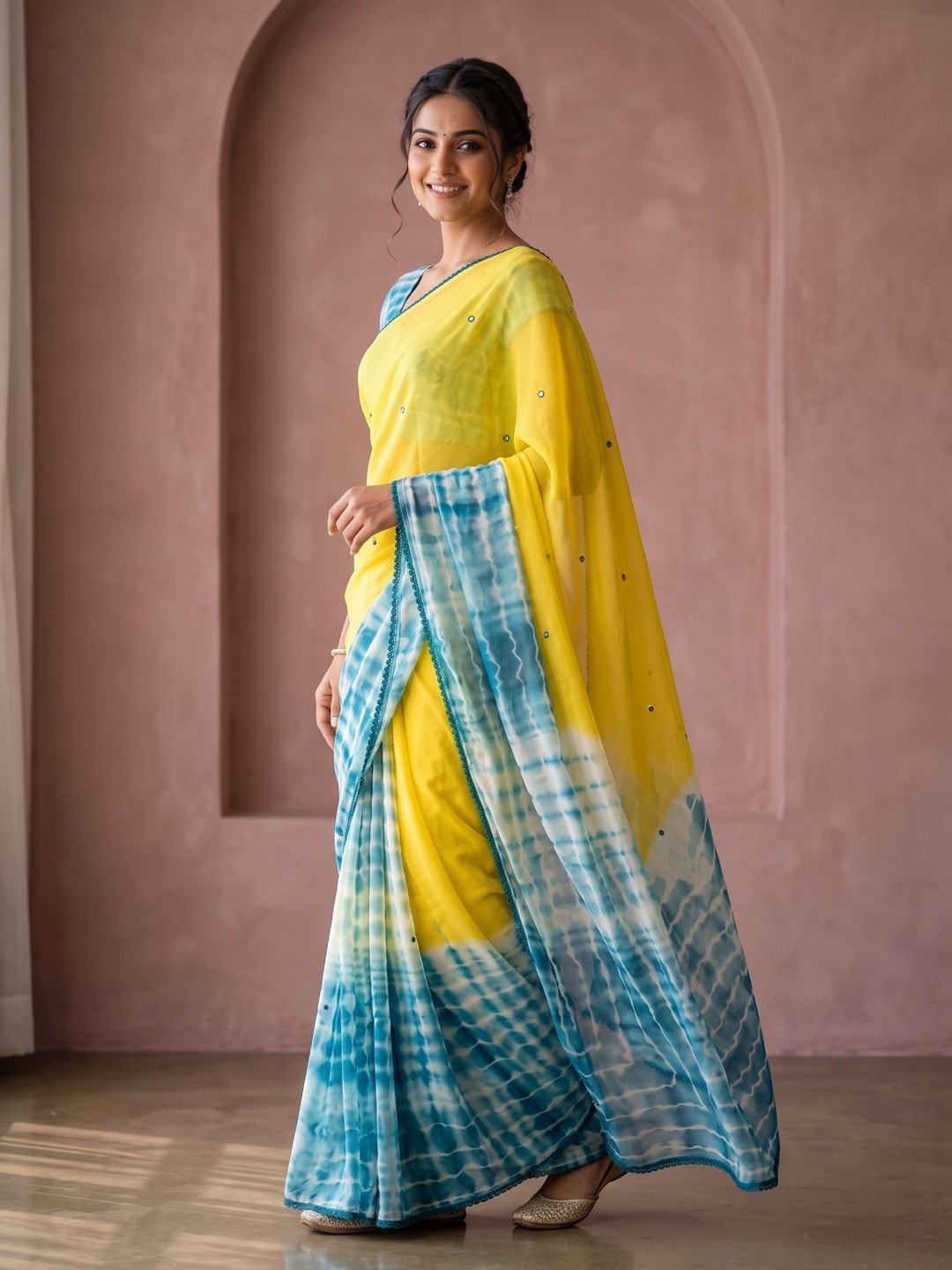 Peachmode Yellow Tie Dye Georgette Saree With Abla Mirror Work And Lace Border - Image 2