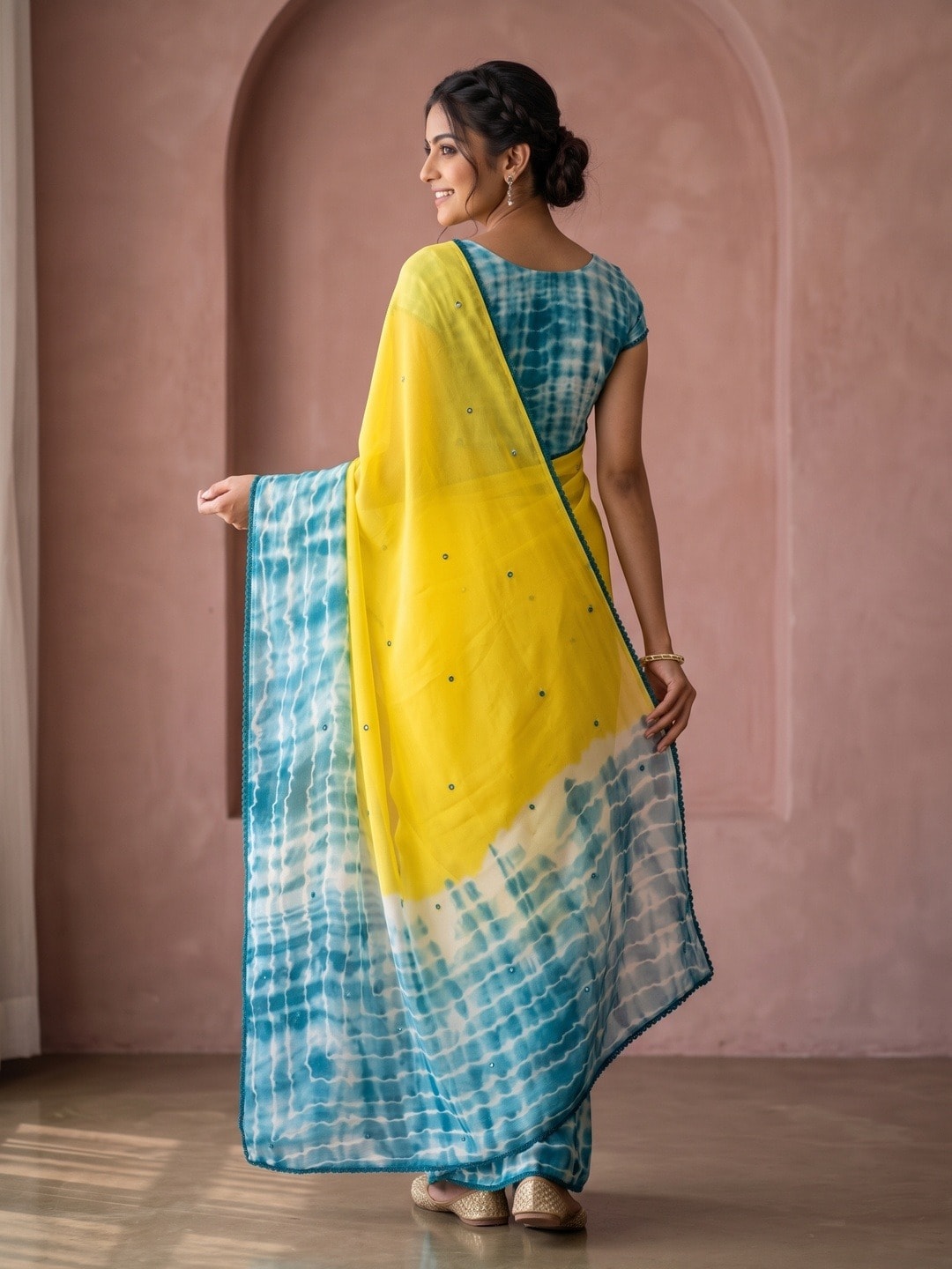 Peachmode Yellow Tie Dye Georgette Saree With Abla Mirror Work And Lace Border - Image 4