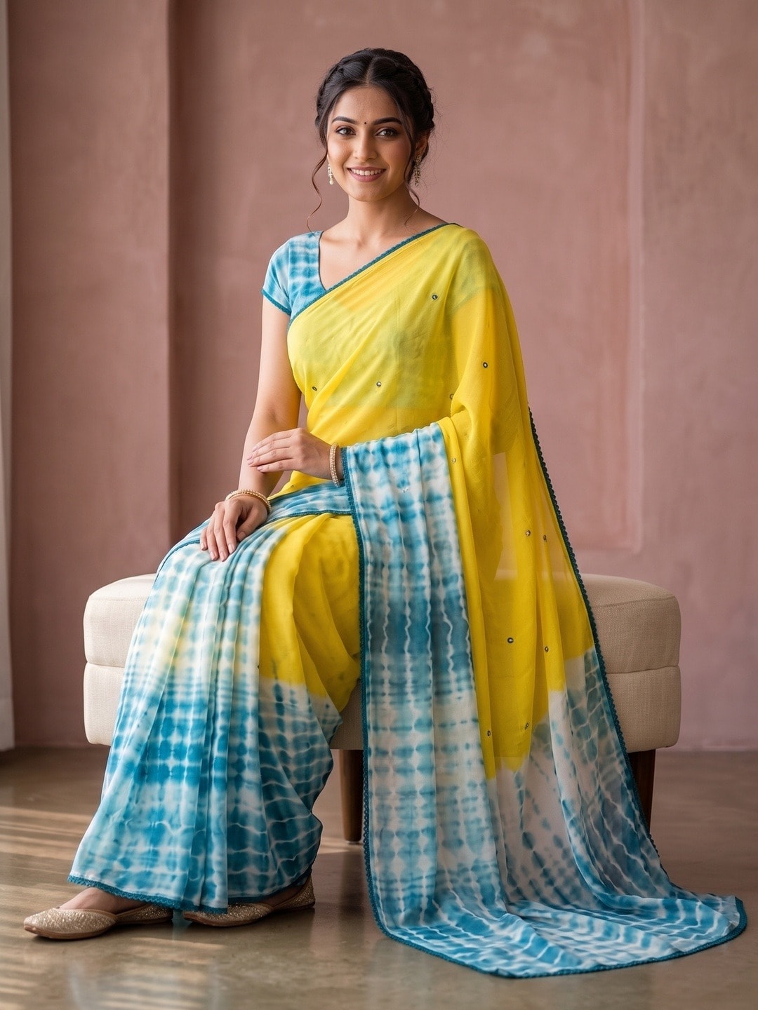 Peachmode Yellow Tie Dye Georgette Saree With Abla Mirror Work And Lace Border - Image 5