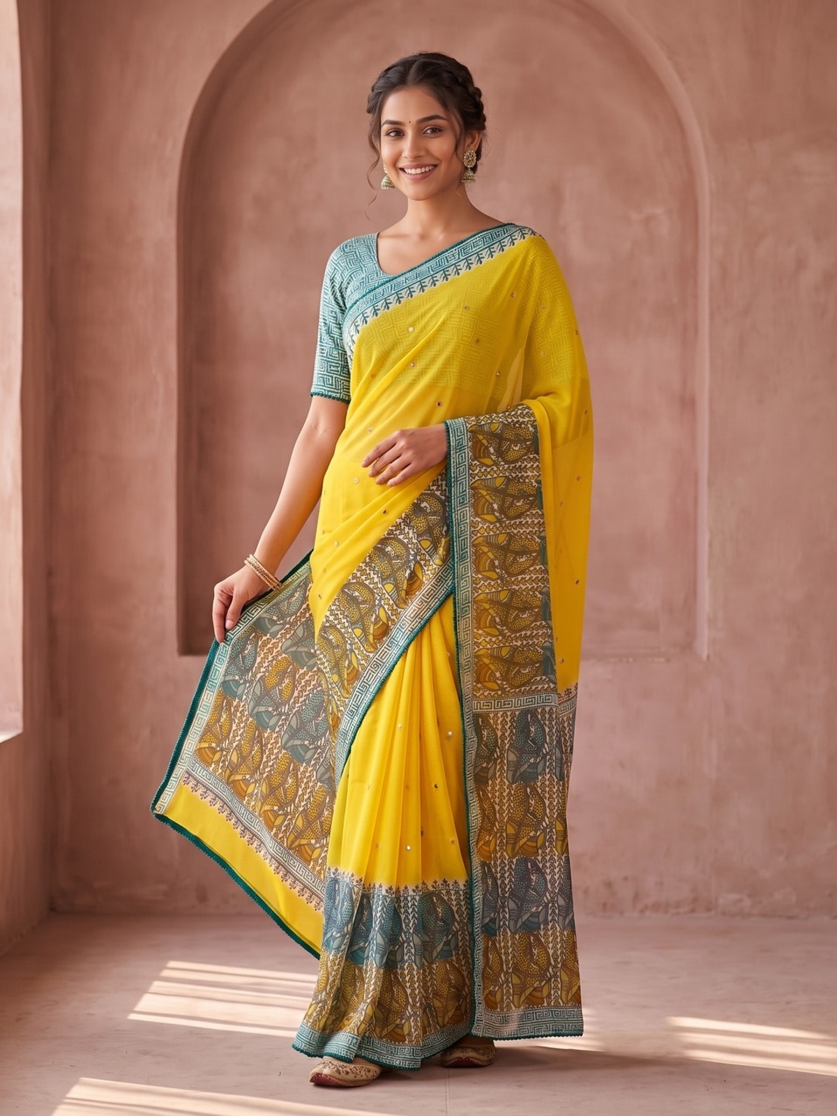 Peachmode Yellow Ethnic Motif Printed Georgette Saree With Abla Mirror Work And Lace Border - Image 1