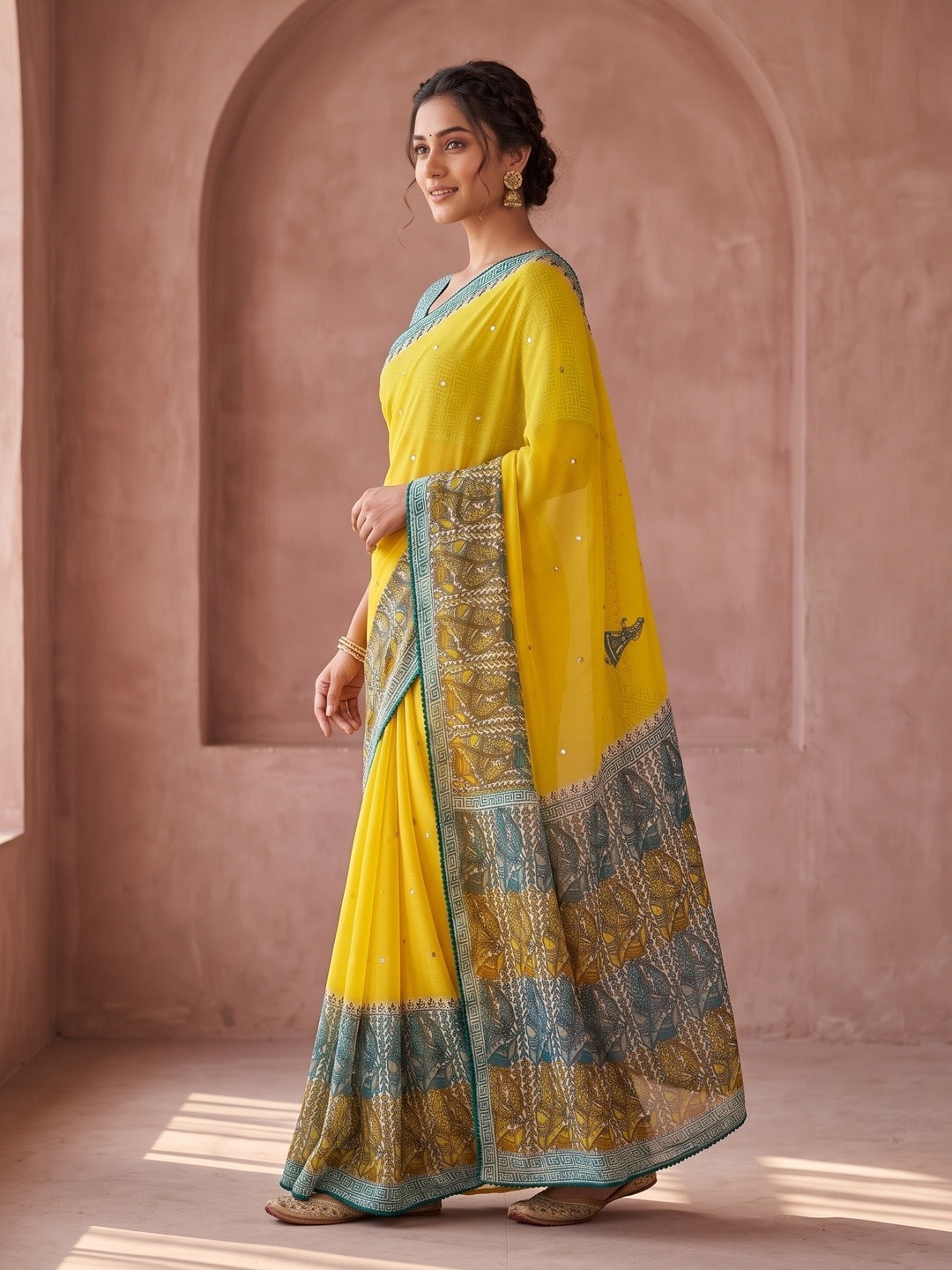 Peachmode Yellow Ethnic Motif Printed Georgette Saree With Abla Mirror Work And Lace Border - Image 2
