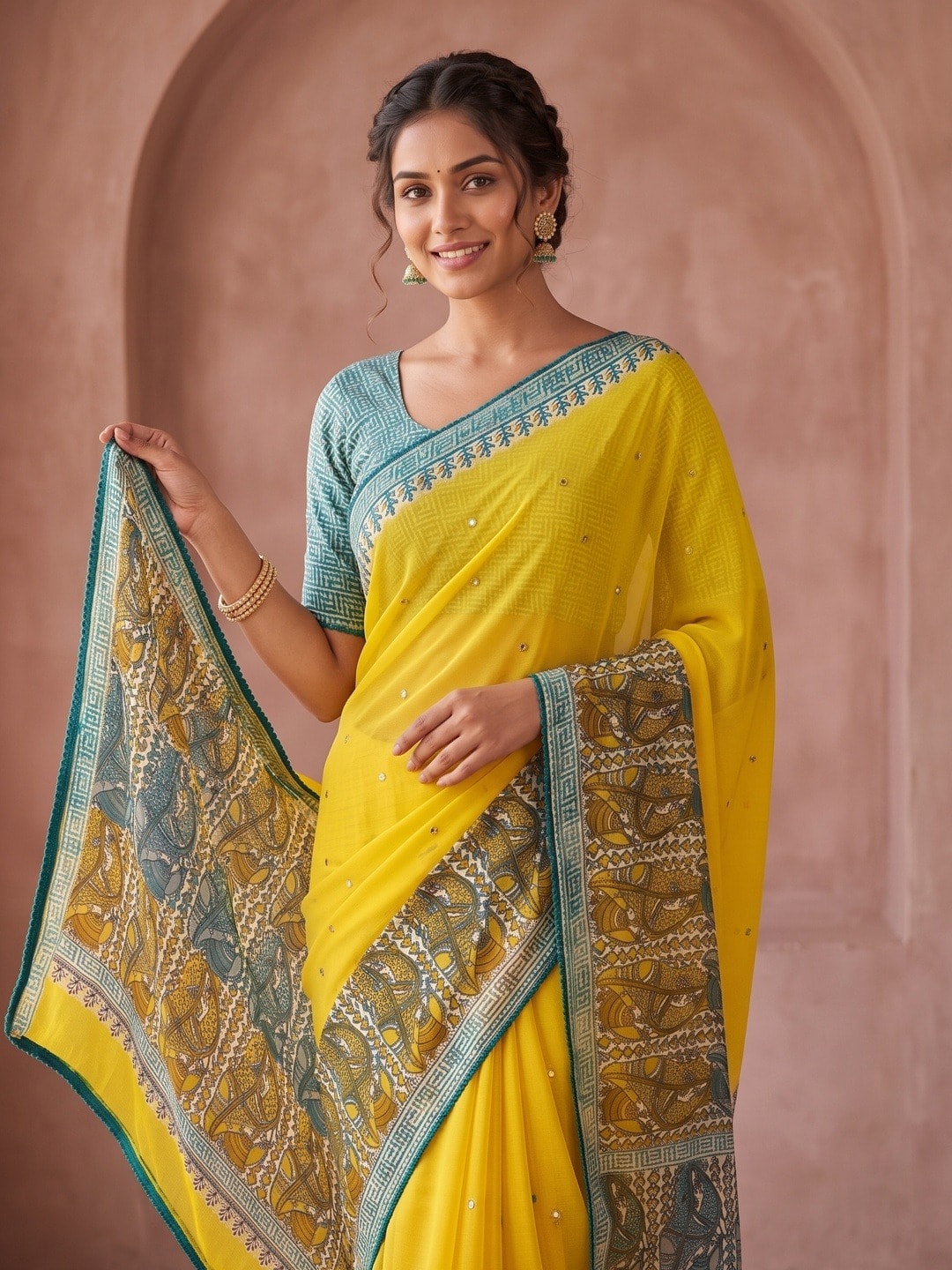 Peachmode Yellow Ethnic Motif Printed Georgette Saree With Abla Mirror Work And Lace Border - Image 3