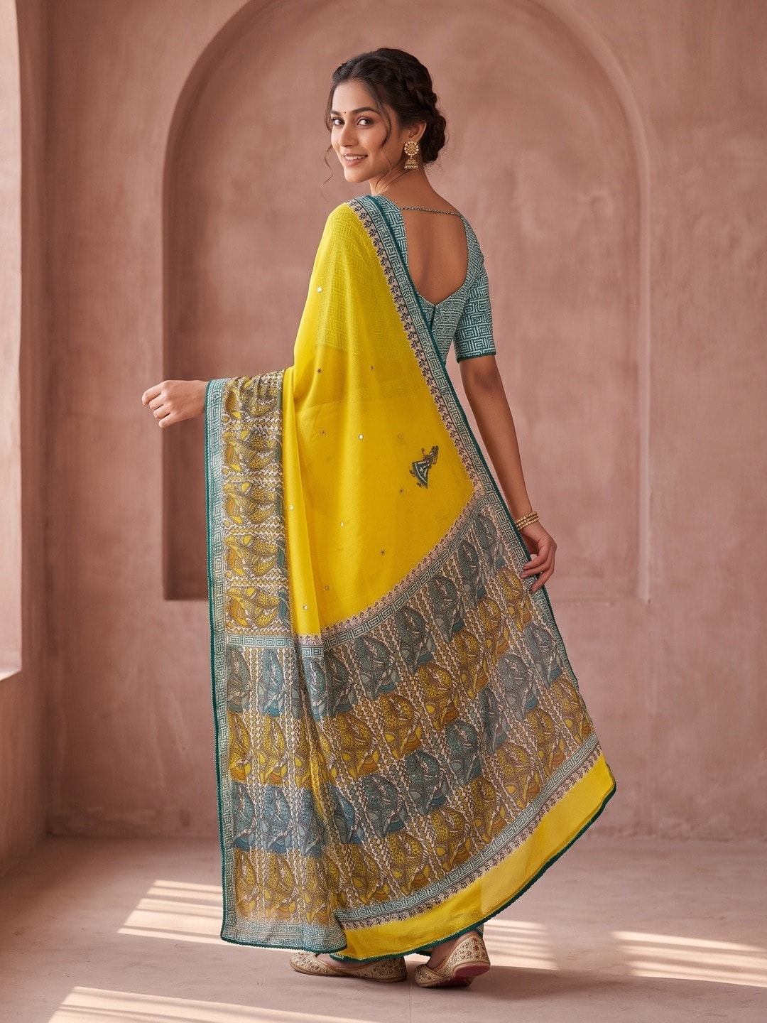 Peachmode Yellow Ethnic Motif Printed Georgette Saree With Abla Mirror Work And Lace Border - Image 4