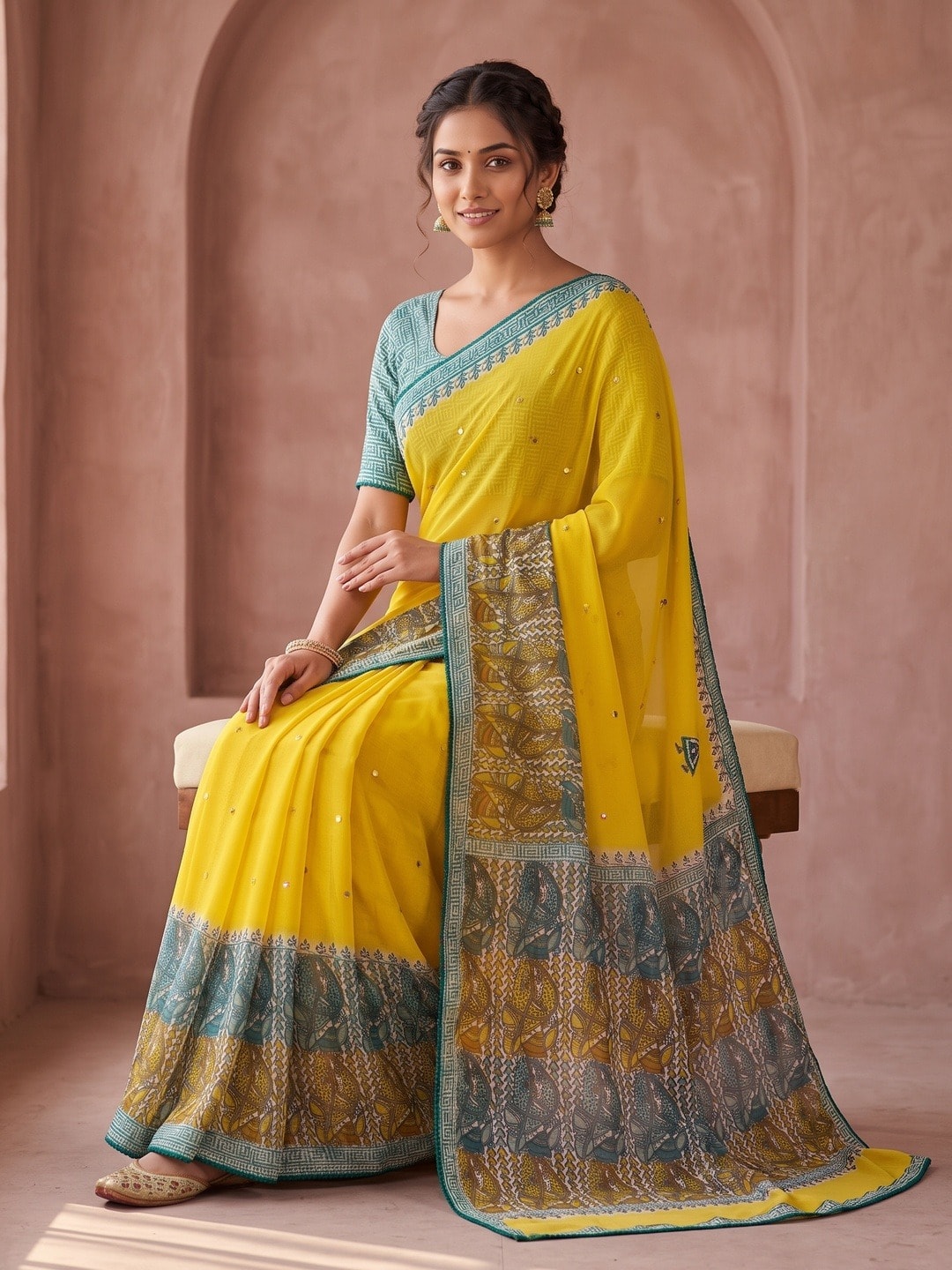 Peachmode Yellow Ethnic Motif Printed Georgette Saree With Abla Mirror Work And Lace Border - Image 5