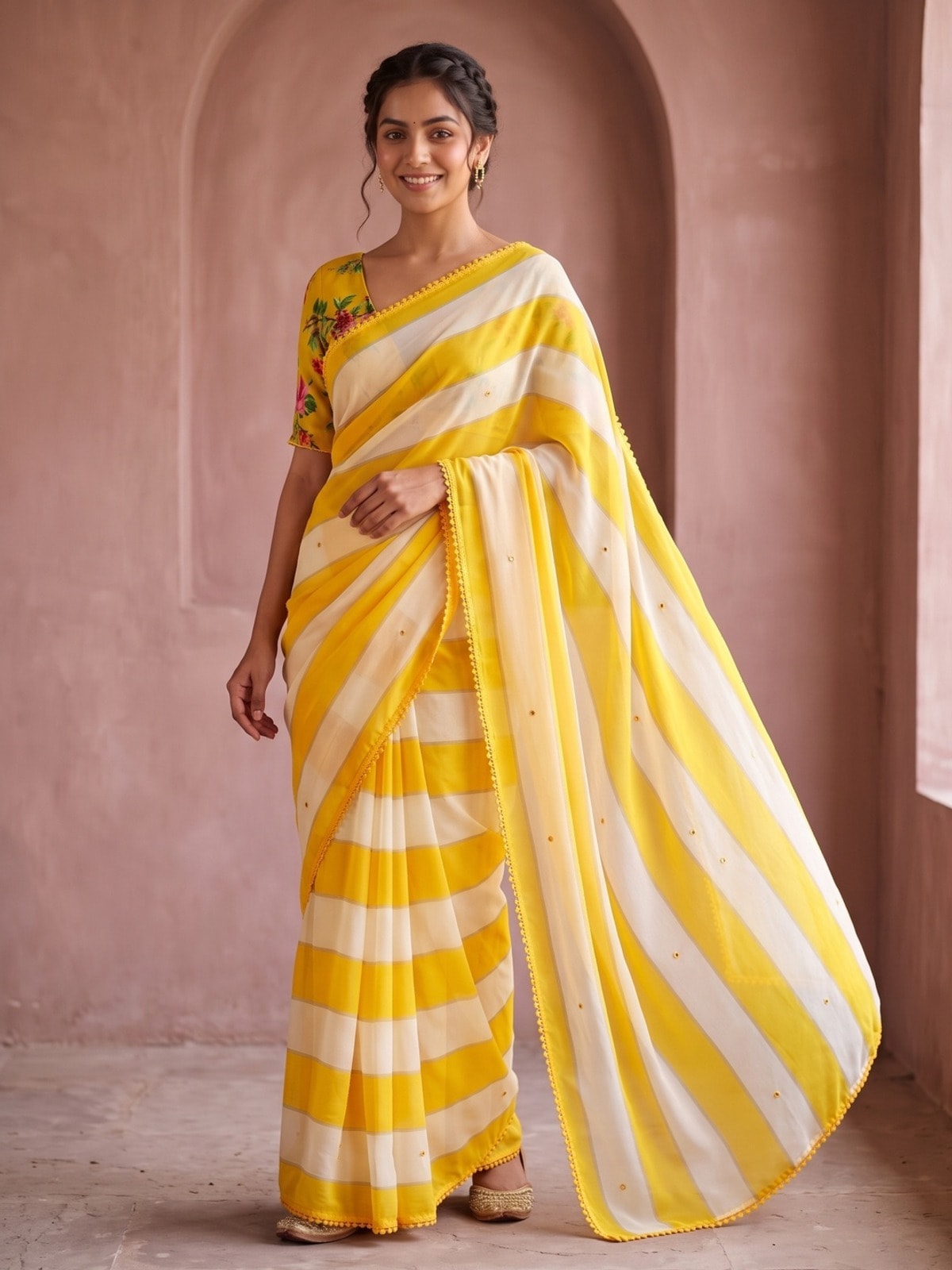 Peachmode Yellow Striped Georgette Saree With Abla Mirror Work And Lace Border - Image 1