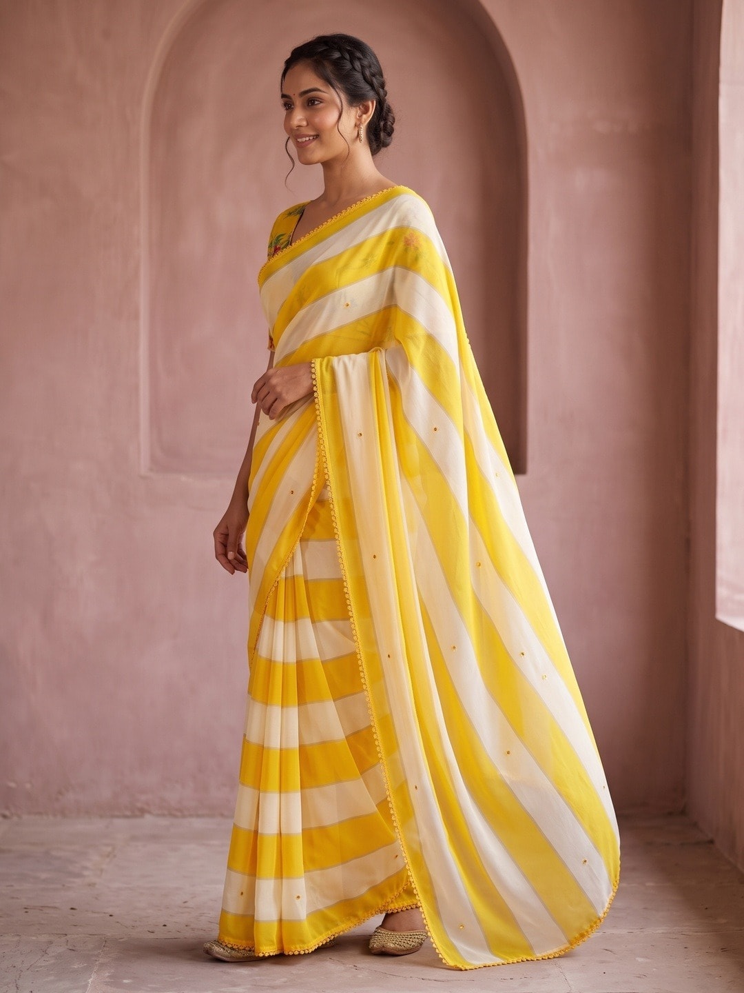 Peachmode Yellow Striped Georgette Saree With Abla Mirror Work And Lace Border - Image 2