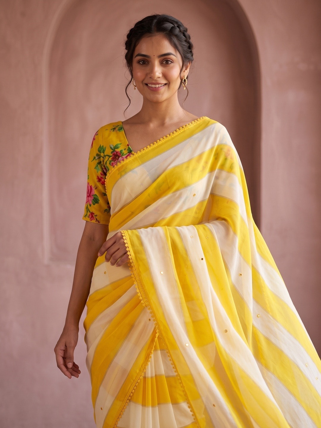 Peachmode Yellow Striped Georgette Saree With Abla Mirror Work And Lace Border - Image 3