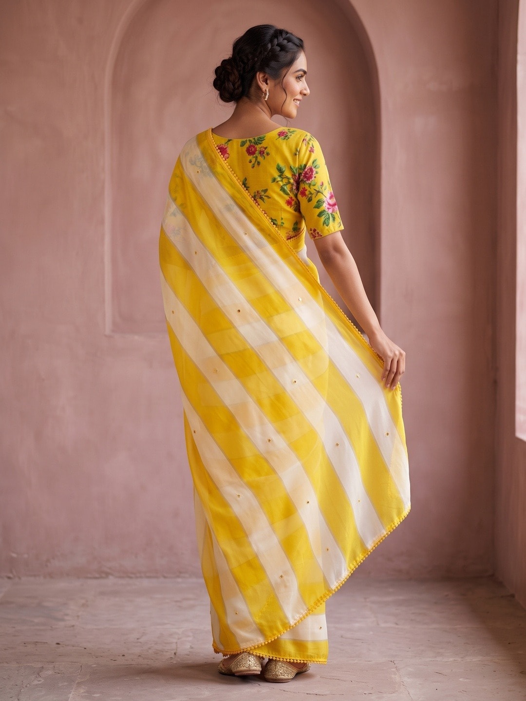 Peachmode Yellow Striped Georgette Saree With Abla Mirror Work And Lace Border - Image 4