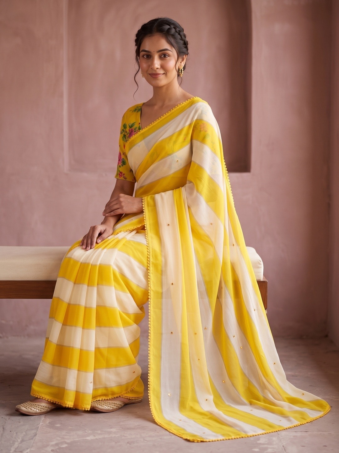 Peachmode Yellow Striped Georgette Saree With Abla Mirror Work And Lace Border - Image 5