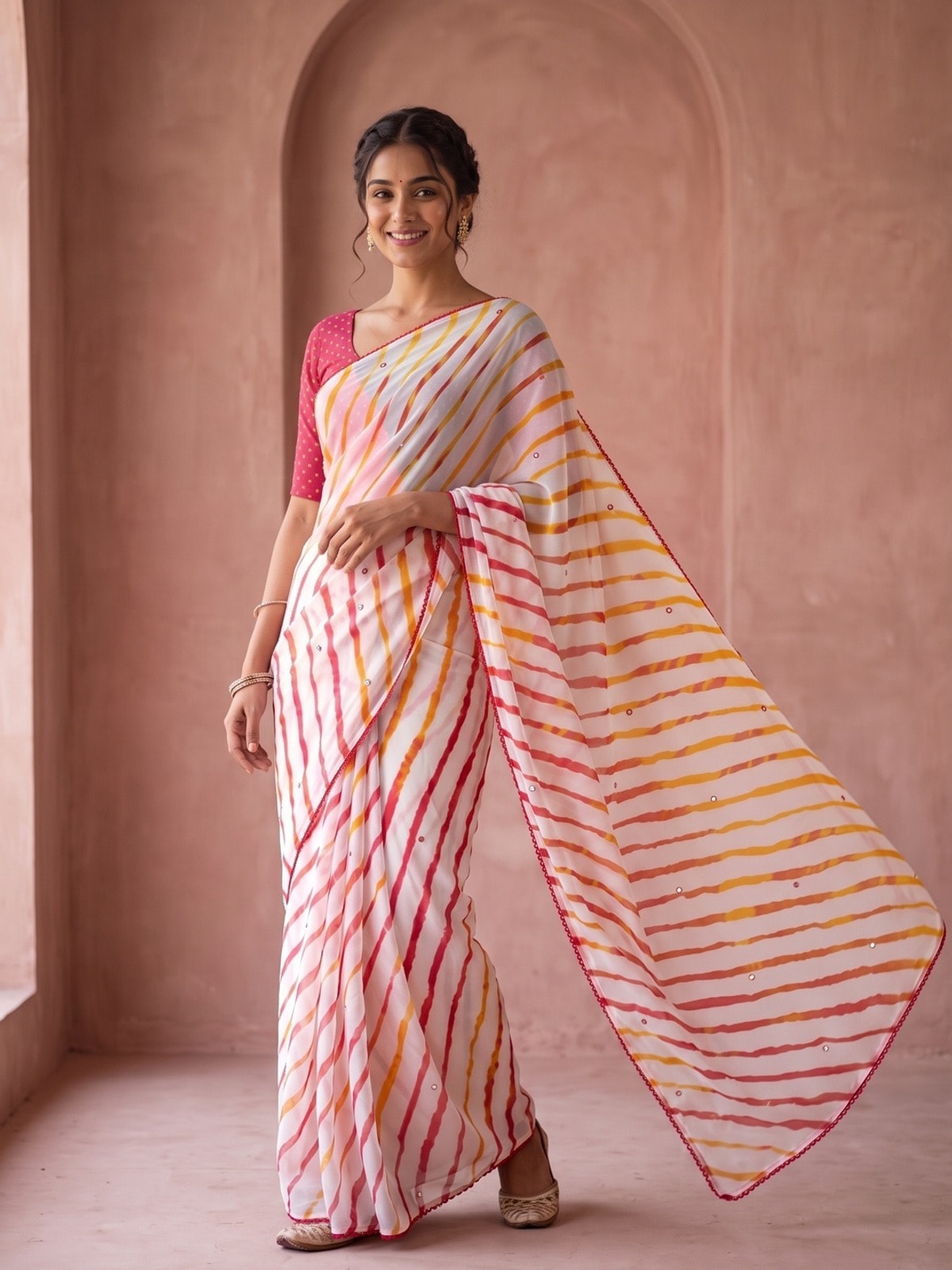 Peachmode White Leheriya Georgette Saree With Abla Mirror Work And Lace Border - Image 1