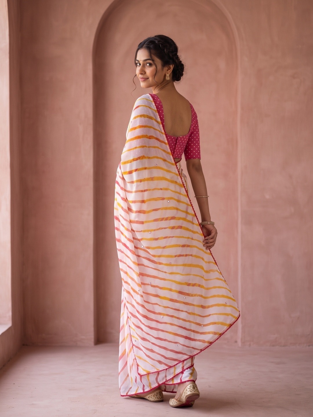 Peachmode White Leheriya Georgette Saree With Abla Mirror Work And Lace Border - Image 4