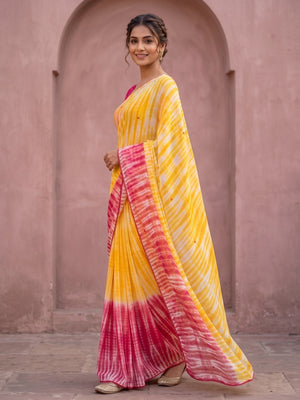 Peachmode Multicolor Shibori Tie Dye Georgette Saree With Abla Mirror Work And Lace Border - Image 2