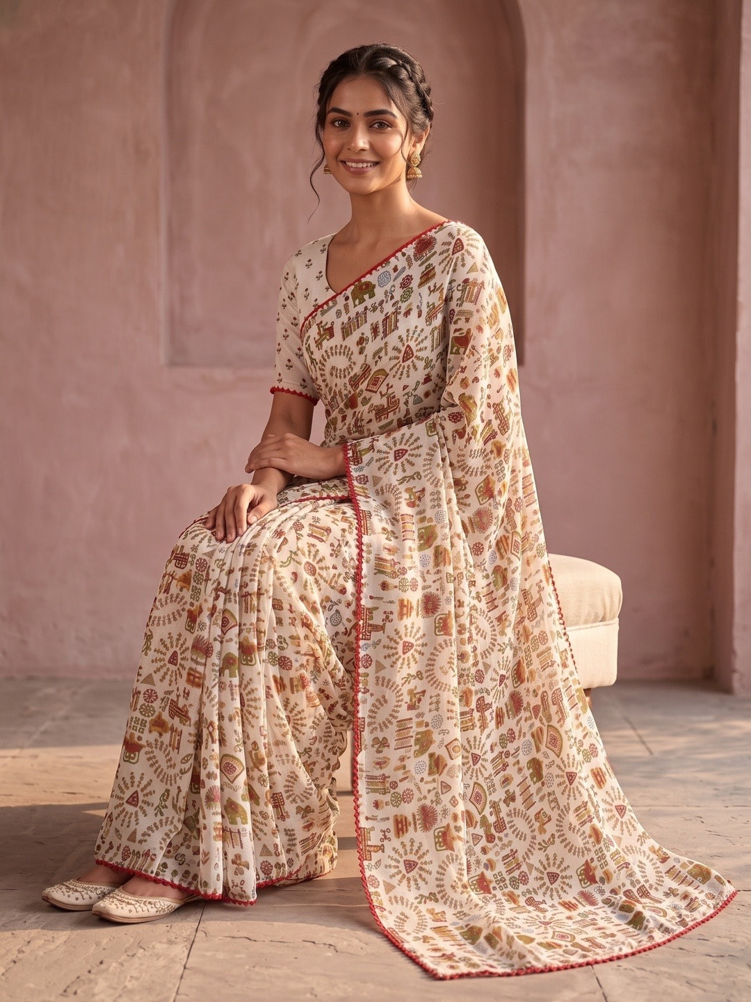 Peachmode White Ethnic Floral Printed Georgette Saree With Abla Mirror Work And Lace Border - Image 5