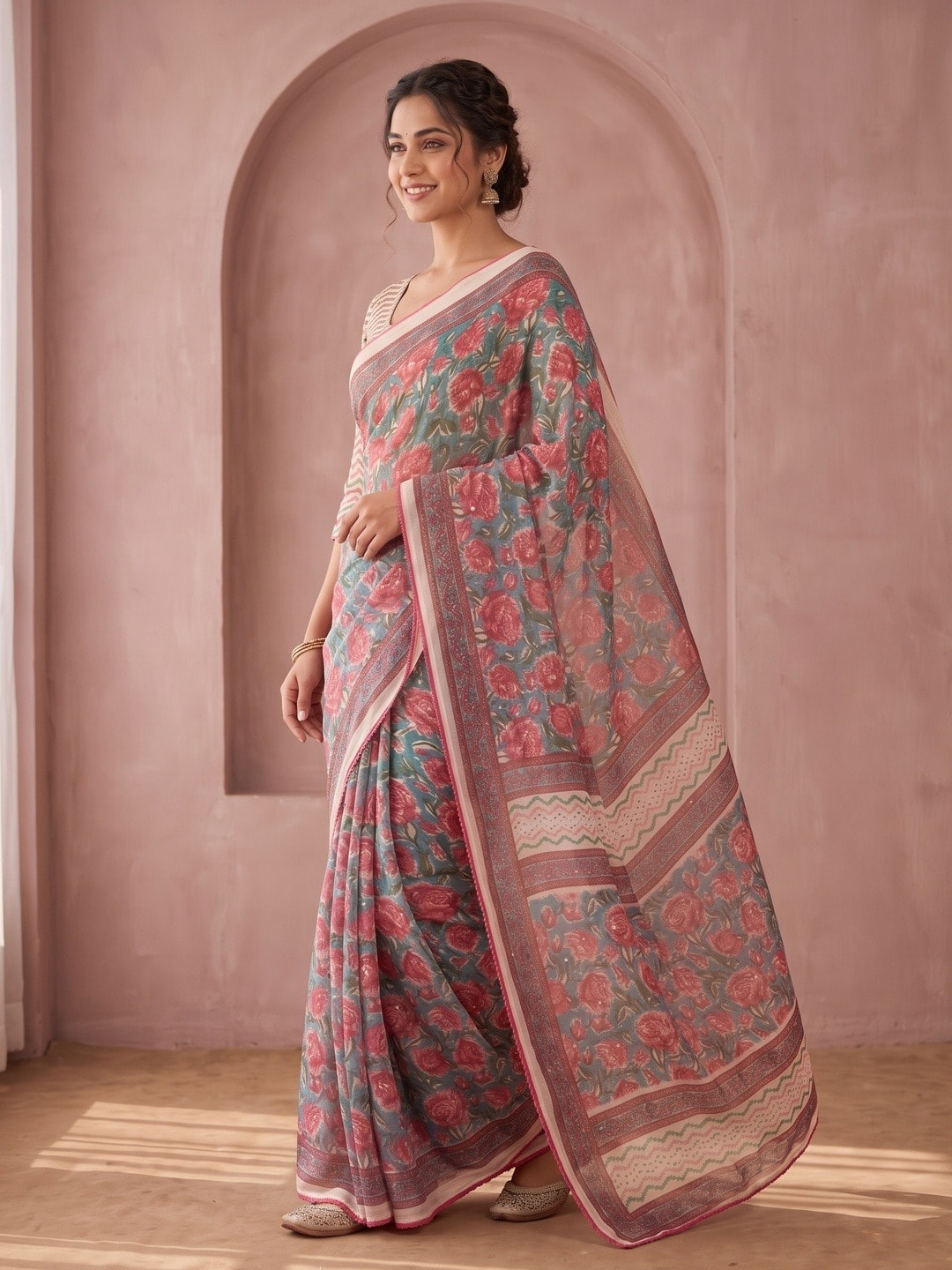 Peachmode Pink Floral Printed Georgette Saree With Abla Mirror Work And Lace Border - Image 2