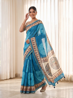 Peachmode Sky Blue Tie Dye Printed Linen Saree With Zari Border - Image 2