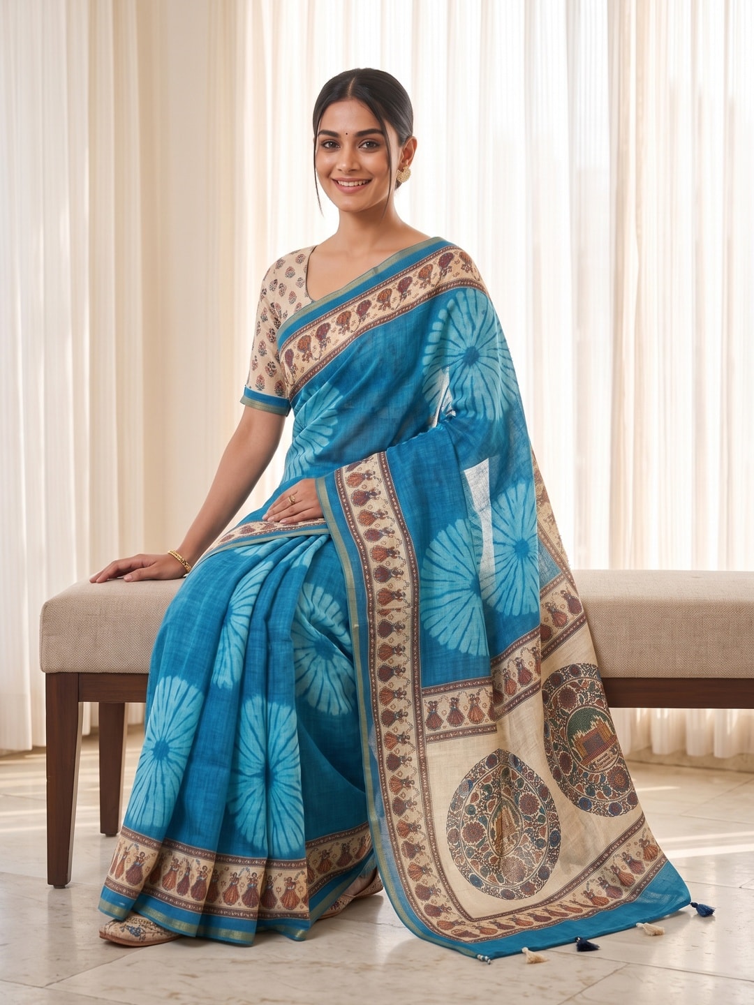 Peachmode Sky Blue Tie Dye Printed Linen Saree With Zari Border - Image 3