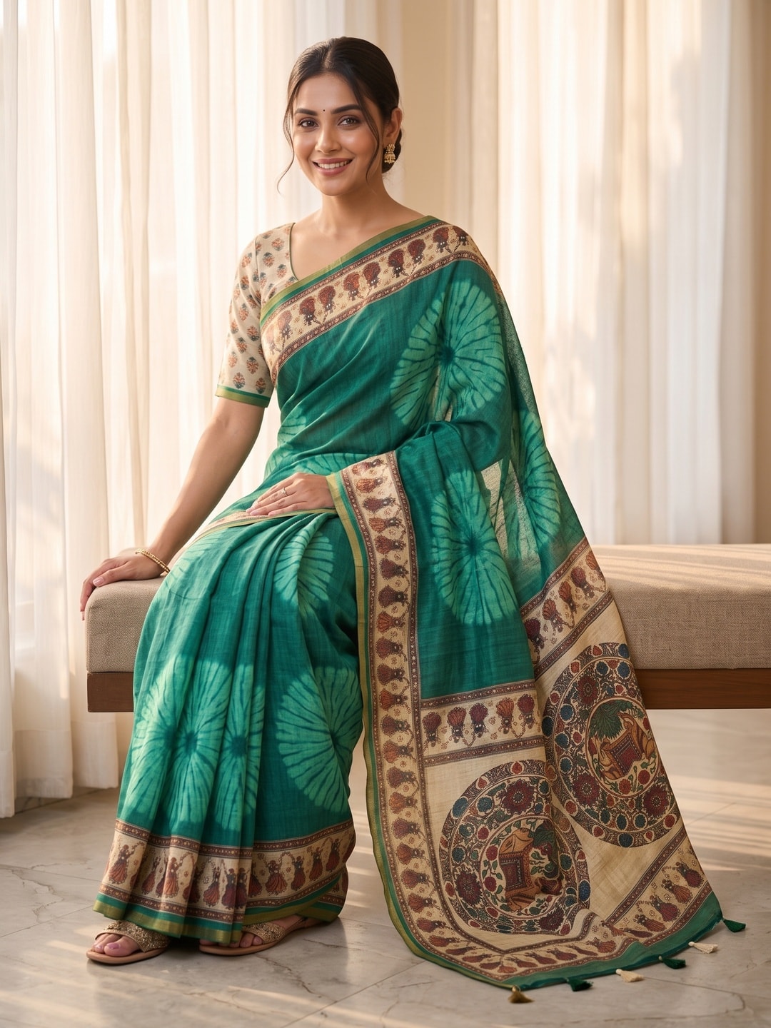 Peachmode Green Tie Dye Printed Linen Saree With Zari Border - Image 4