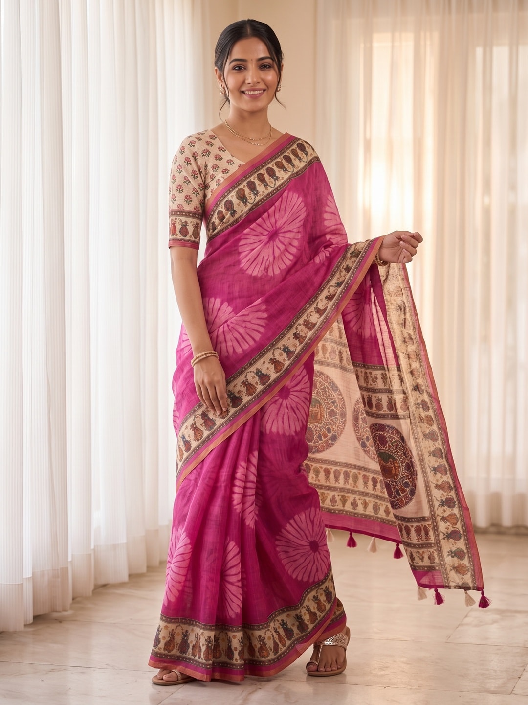 Peachmode Pink Tie Dye Printed Linen Saree With Zari Border - Image 3