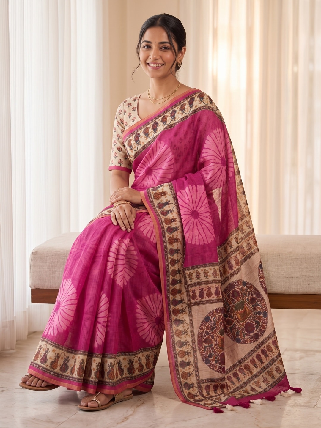 Peachmode Pink Tie Dye Printed Linen Saree With Zari Border - Image 4