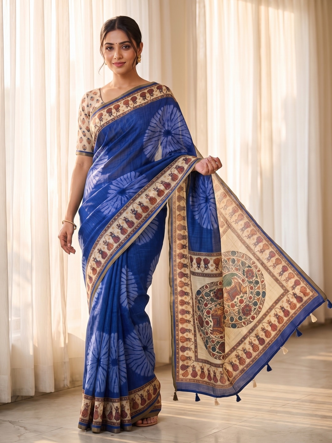 Peachmode Royal Blue Tie Dye Printed Linen Saree With Zari Border - Image 1