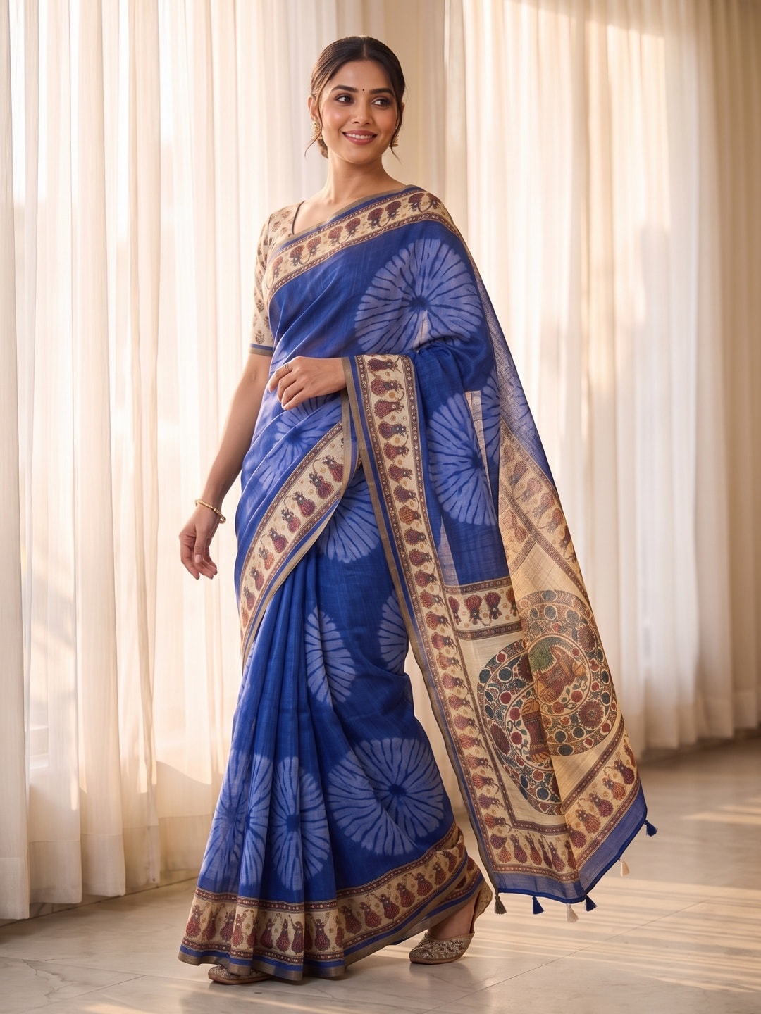 Peachmode Royal Blue Tie Dye Printed Linen Saree With Zari Border - Image 5