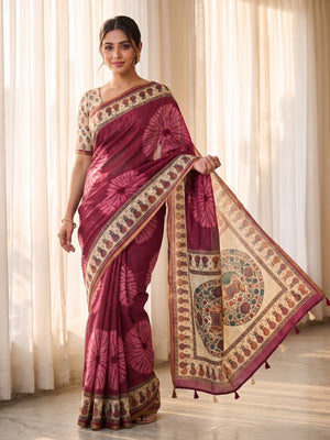 Peachmode Wine Tie Dye Printed Linen Saree With Zari Border - Image 1