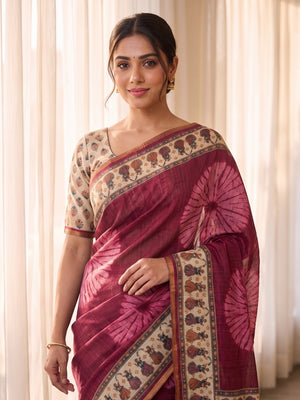Peachmode Wine Tie Dye Printed Linen Saree With Zari Border - Image 2