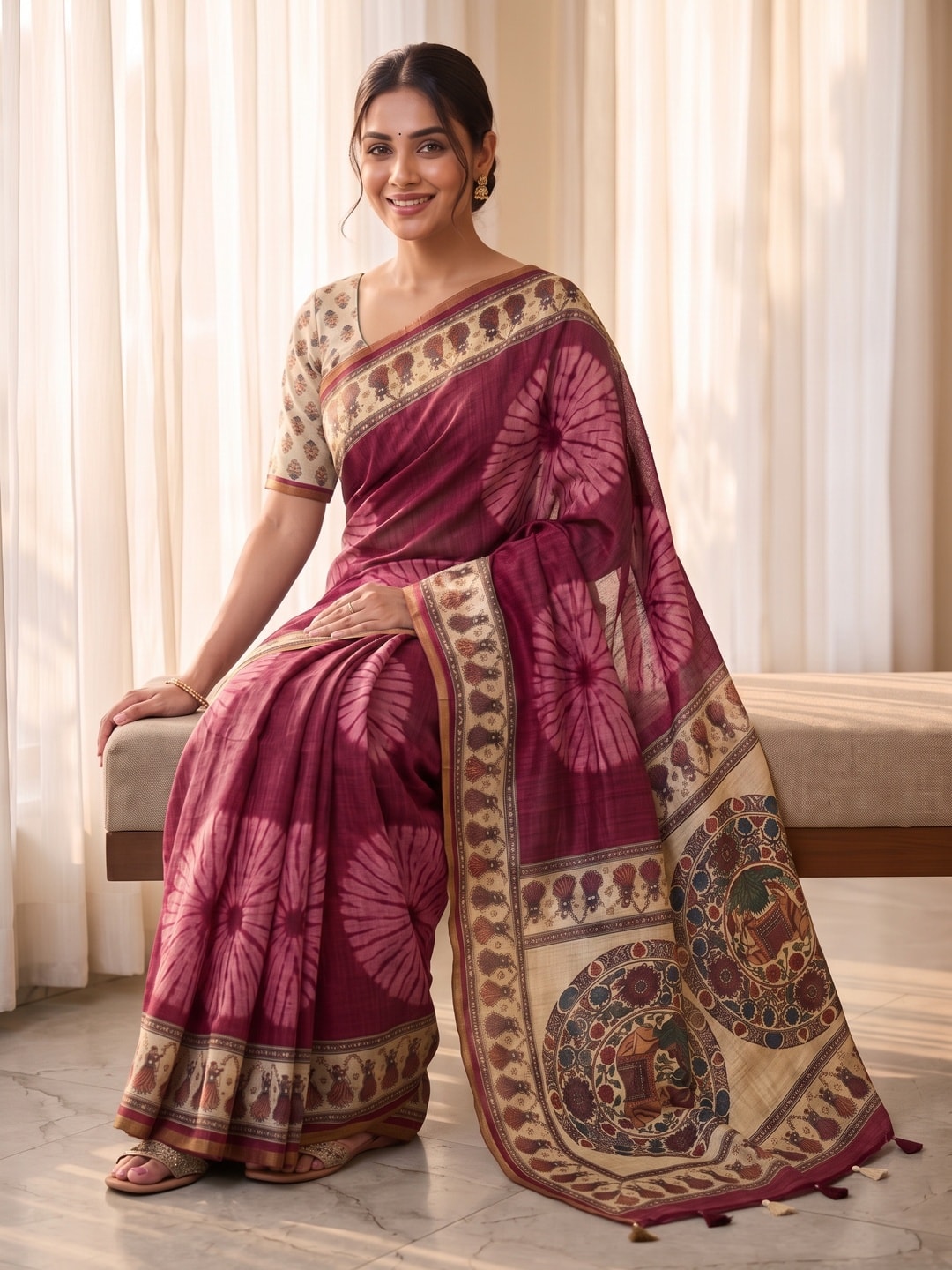 Peachmode Wine Tie Dye Printed Linen Saree With Zari Border - Image 4