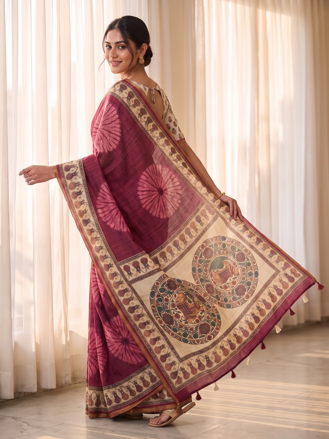 Peachmode Wine Tie Dye Printed Linen Saree With Zari Border - Image 5