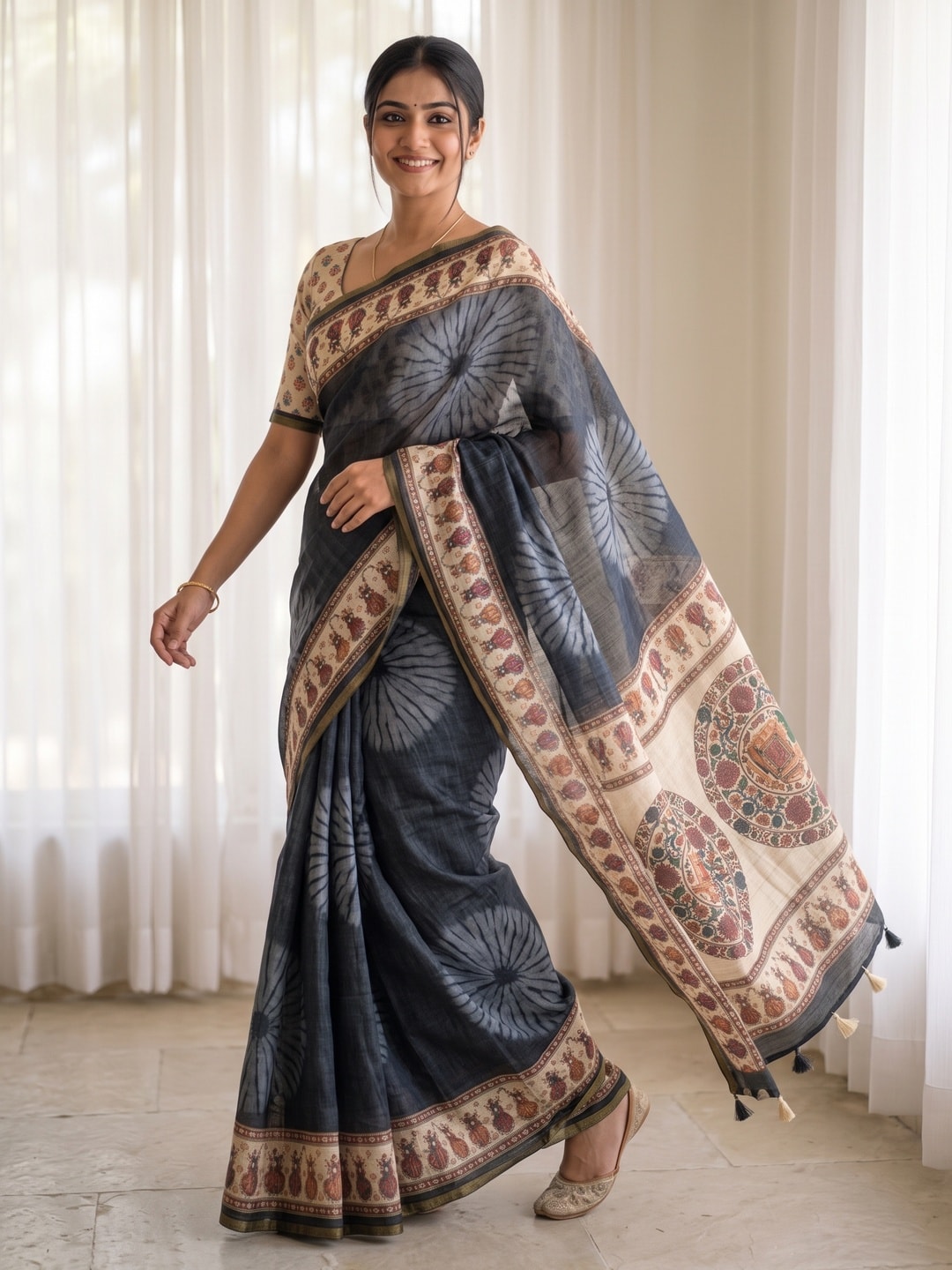 Peachmode Charcoal Grey Tie Dye Printed Linen Saree With Zari Border - Image 2