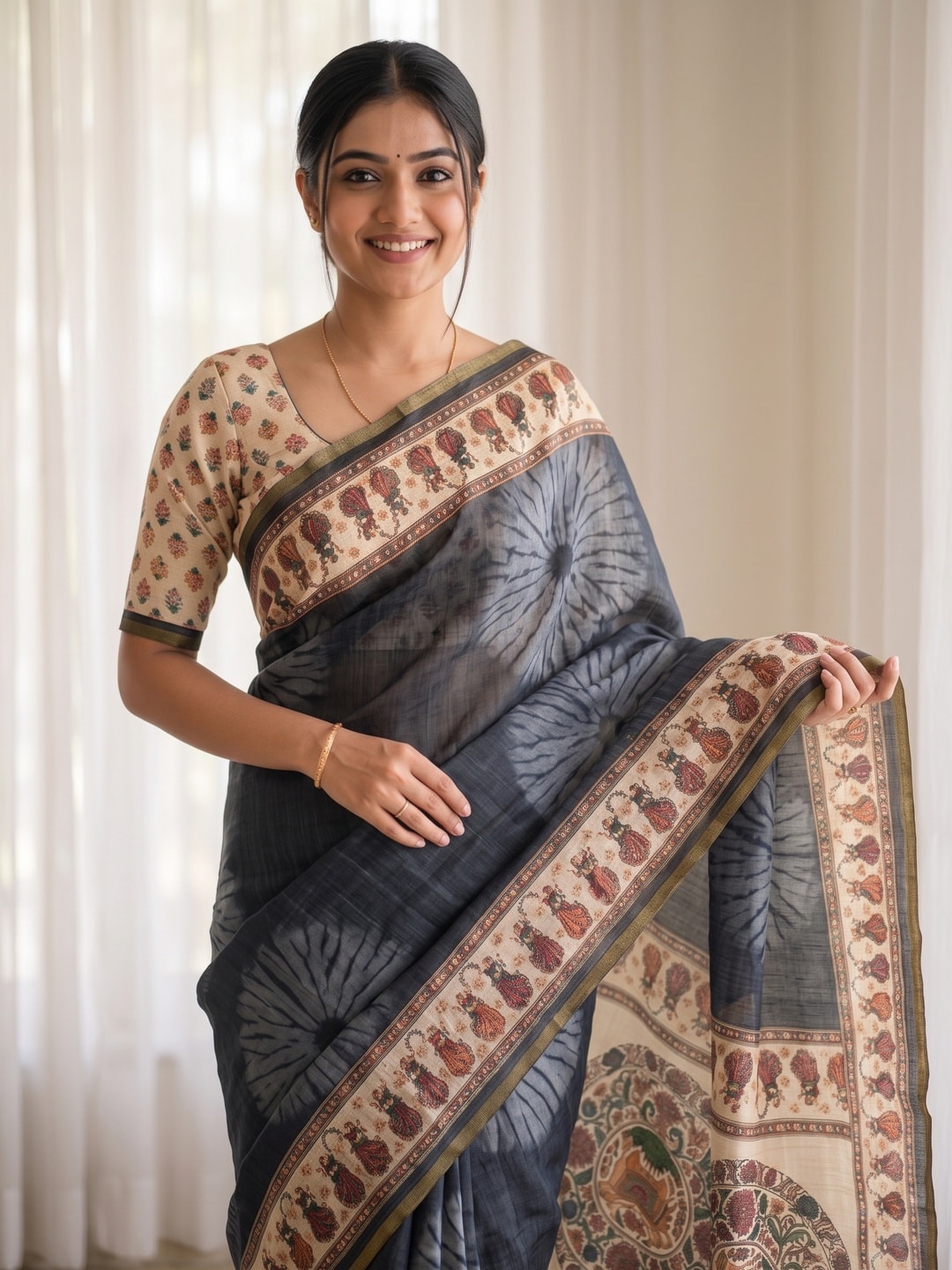 Peachmode Charcoal Grey Tie Dye Printed Linen Saree With Zari Border - Image 4