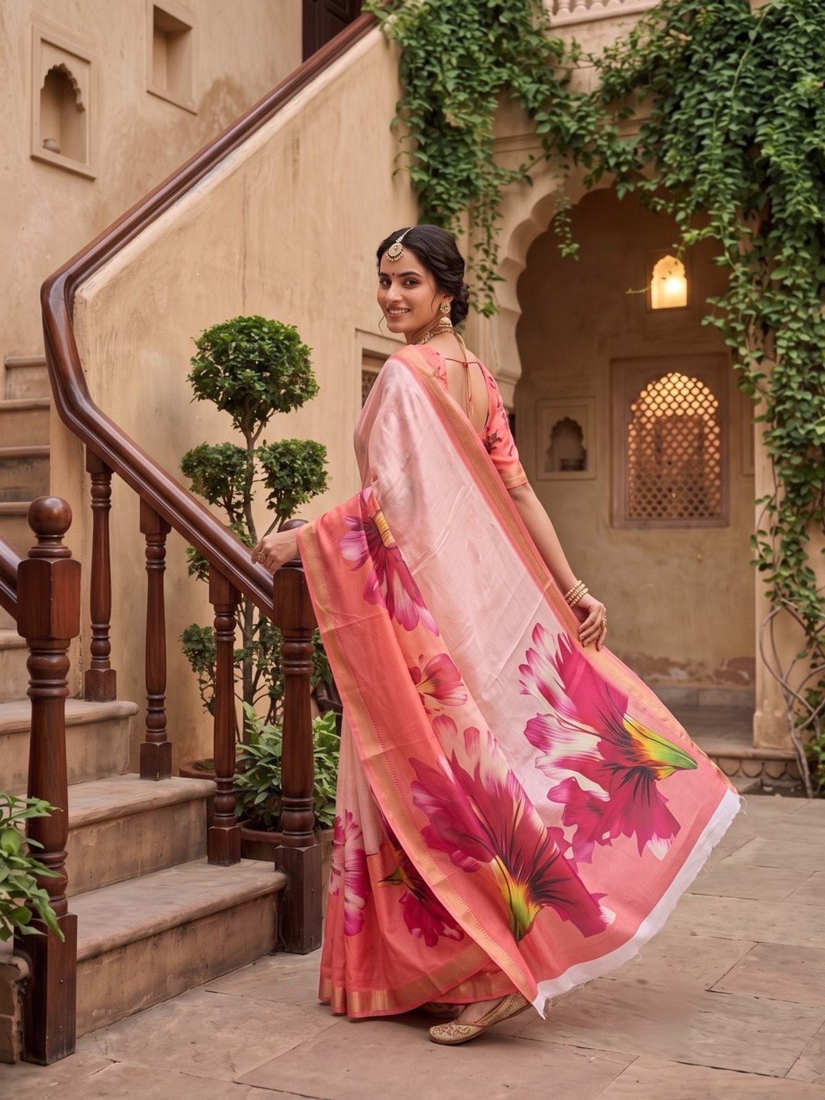 Peachmode Coral Moss Georgette Floral Printed Saree With Kasab Zari Jacquard Border - Image 2