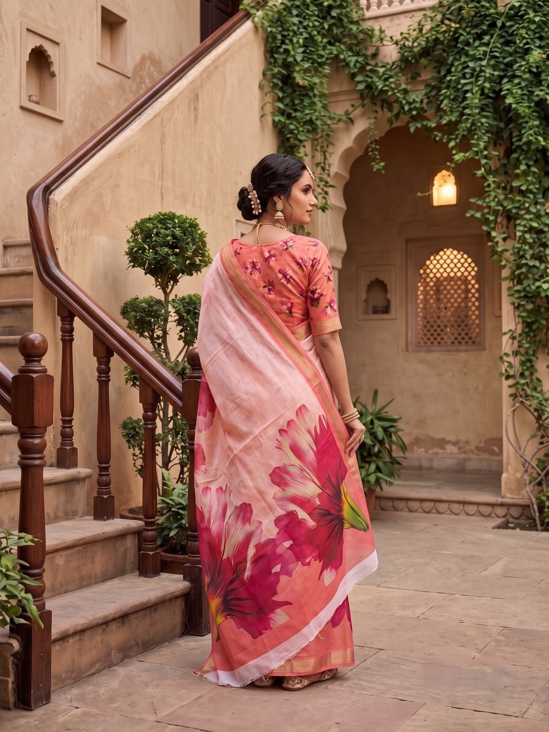 Peachmode Coral Moss Georgette Floral Printed Saree With Kasab Zari Jacquard Border - Image 4