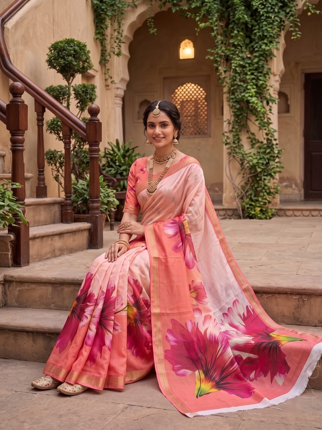 Peachmode Coral Moss Georgette Floral Printed Saree With Kasab Zari Jacquard Border - Image 5