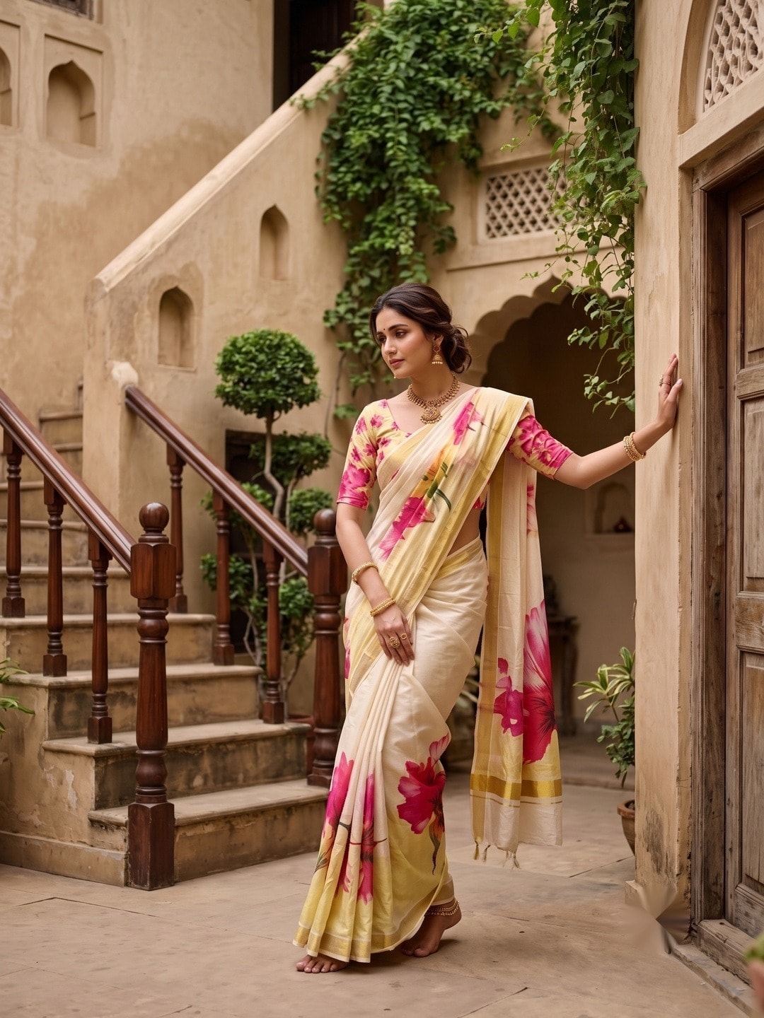 Peachmode Cream Moss Georgette Floral Printed Saree With Kasab Zari Jacquard Border - Image 1