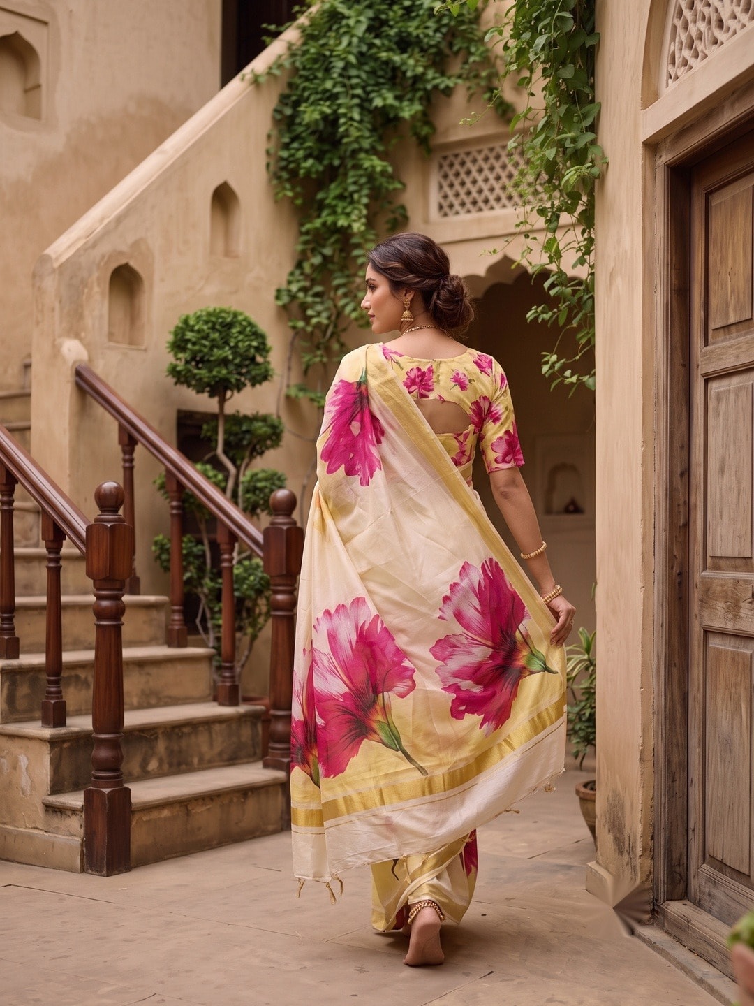 Peachmode Cream Moss Georgette Floral Printed Saree With Kasab Zari Jacquard Border - Image 4