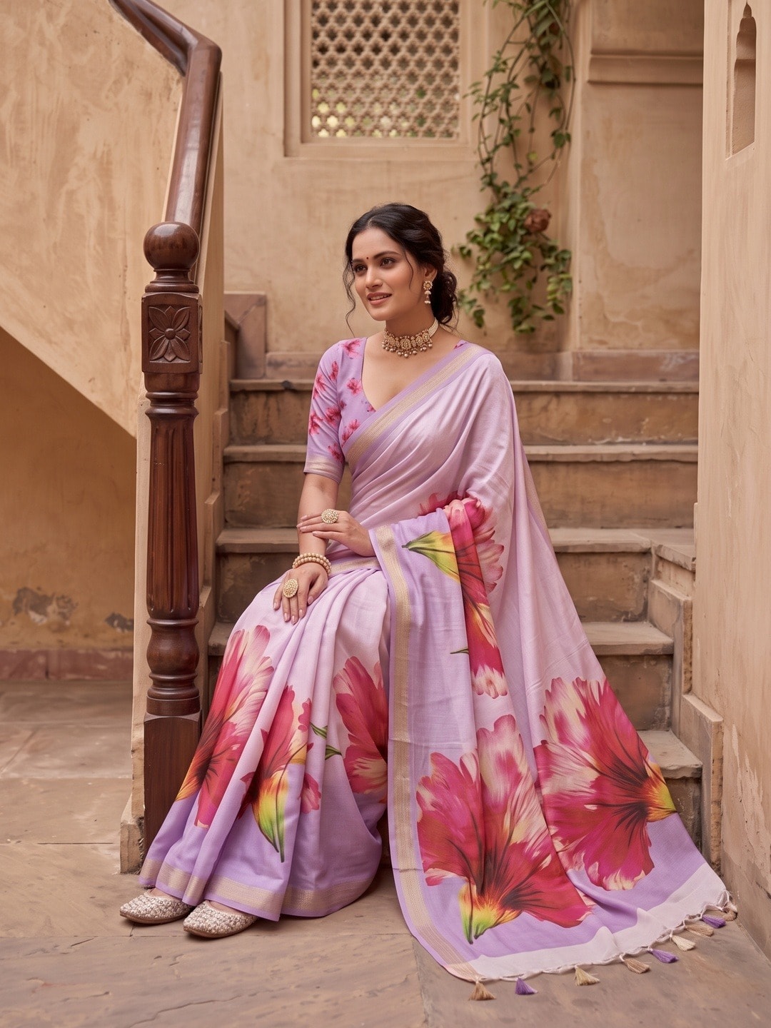 Peachmode Lavender Moss Georgette Floral Printed Saree With Kasab Zari Jacquard Border - Image 5