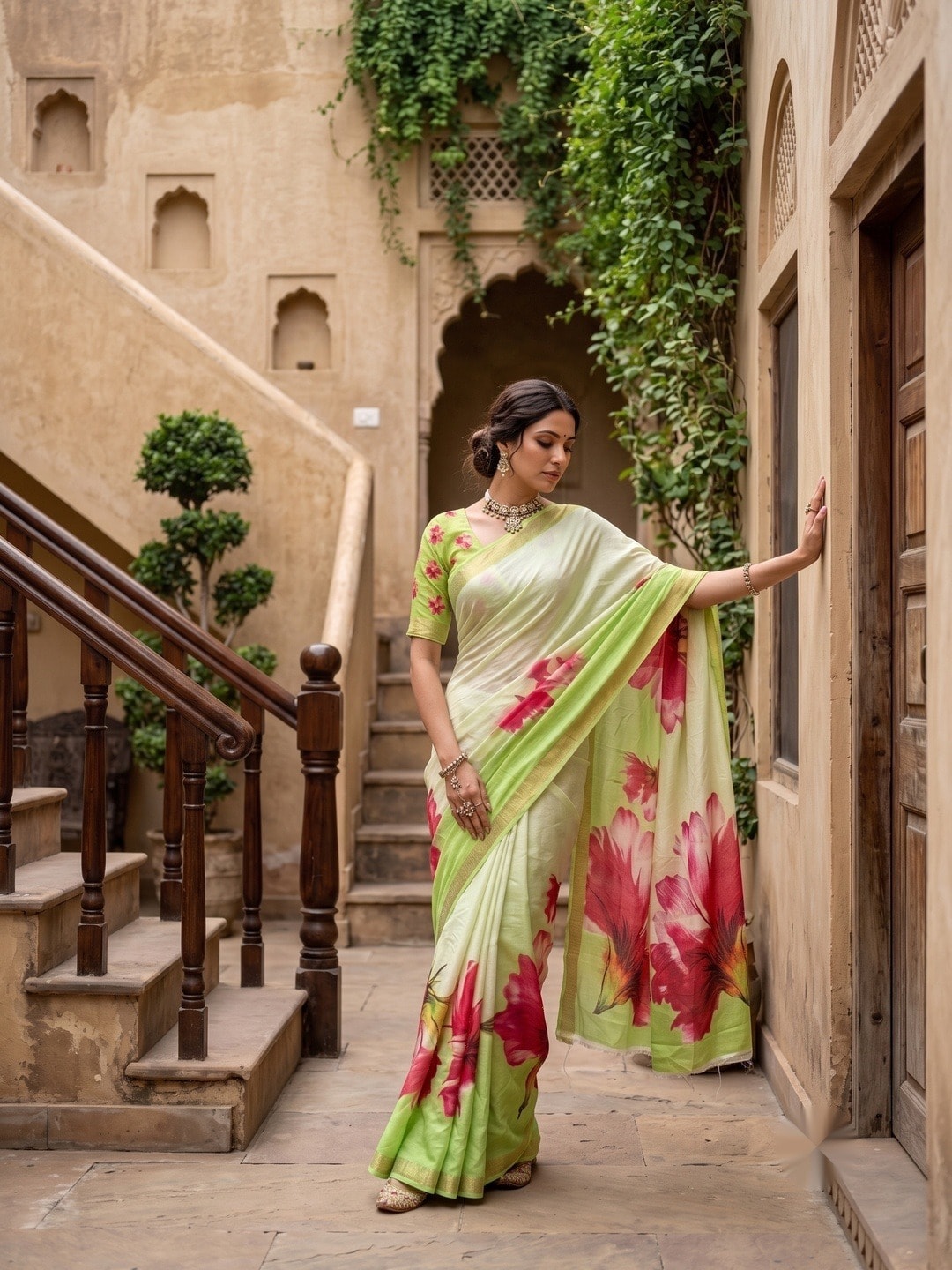 Peachmode Lime Green Moss Georgette Floral Printed Saree With Kasab Zari Jacquard Border - Image 1