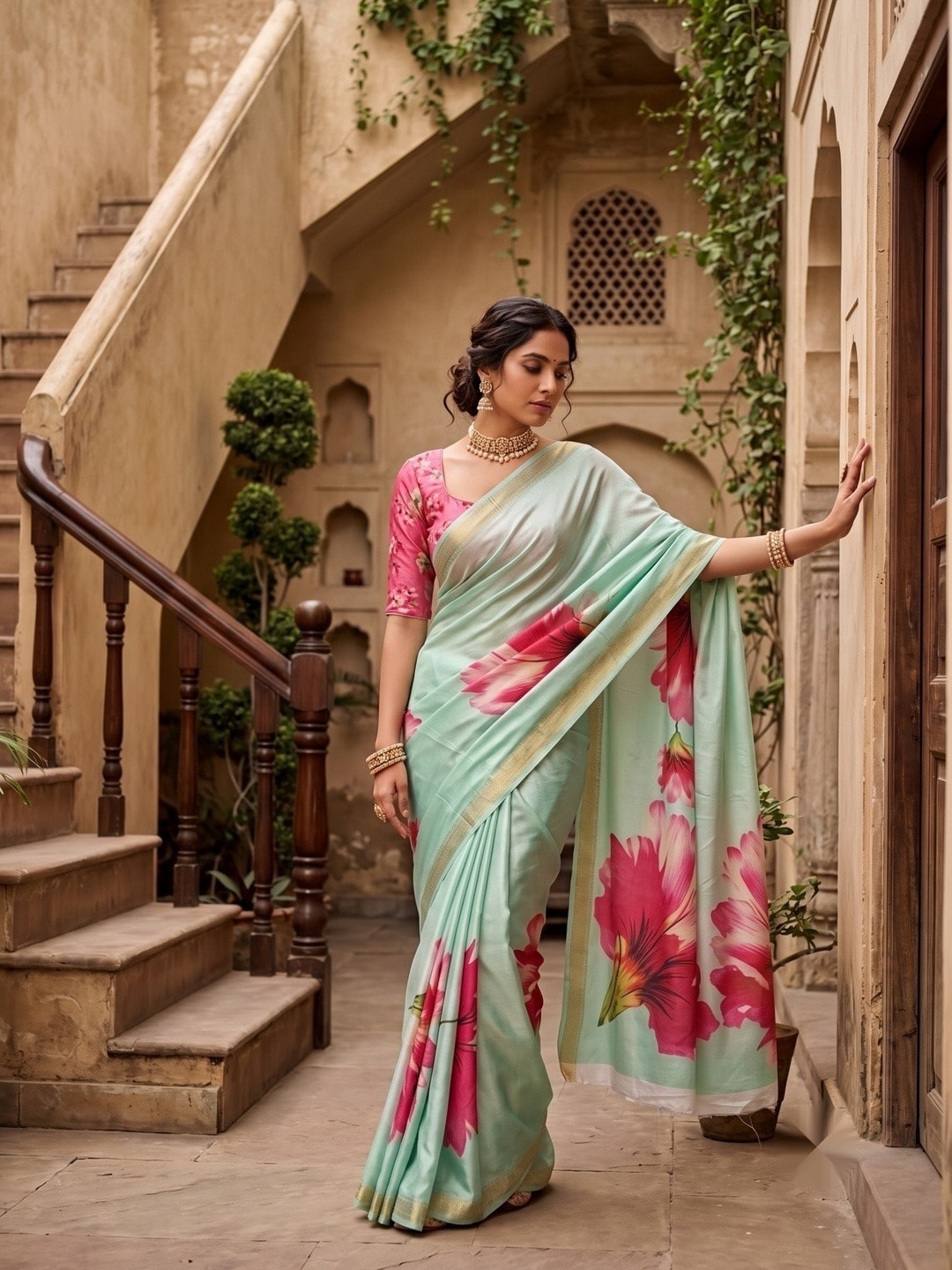 Peachmode Mint Green Moss Georgette Floral Printed Saree With Kasab Zari Jacquard Border - Image 1
