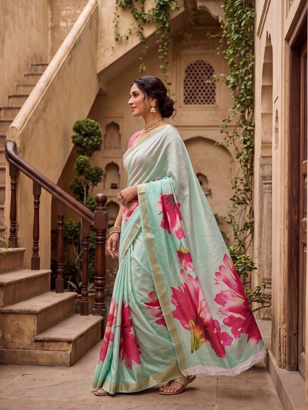 Peachmode Mint Green Moss Georgette Floral Printed Saree With Kasab Zari Jacquard Border - Image 2