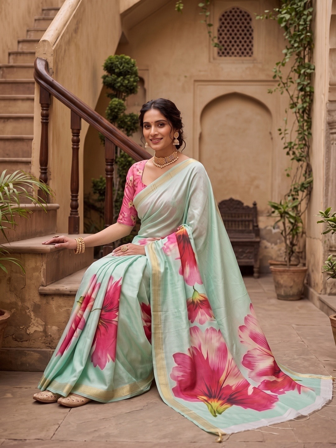 Peachmode Mint Green Moss Georgette Floral Printed Saree With Kasab Zari Jacquard Border - Image 5
