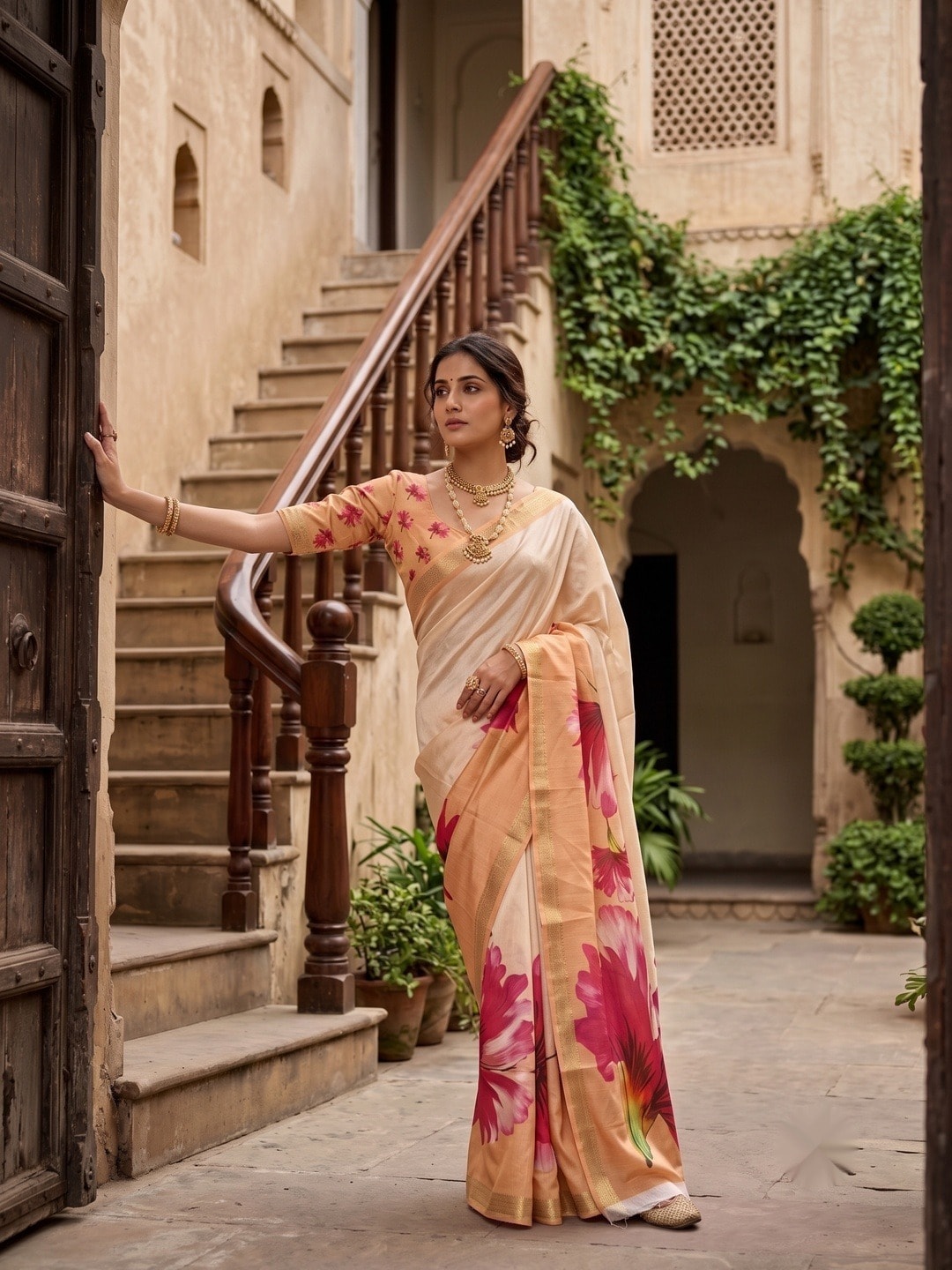 Peachmode Peach Moss Georgette Floral Printed Saree With Kasab Zari Jacquard Border - Image 1