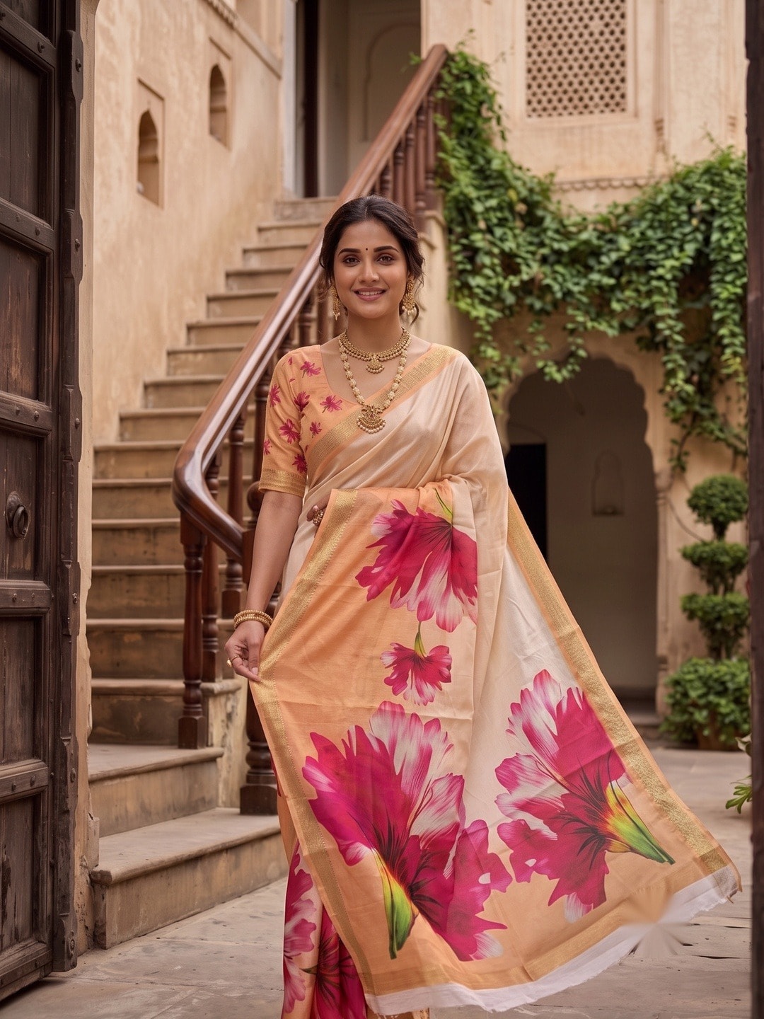 Peachmode Peach Moss Georgette Floral Printed Saree With Kasab Zari Jacquard Border - Image 3